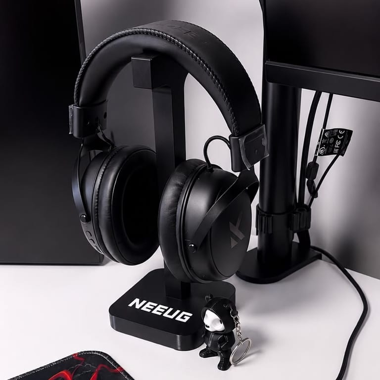 Suporte de headset preto em impressão 3D, personalizado com "NEEUG" na base, no setup de um cliente da Makko